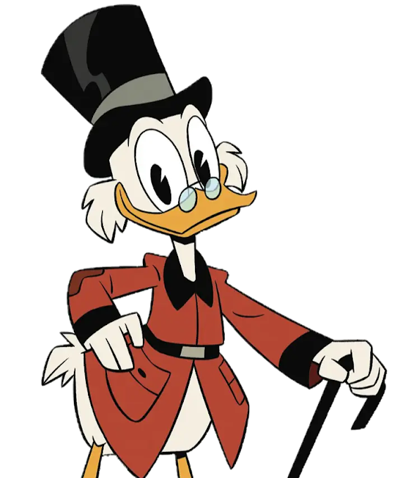 Scrooge McDuck wearing a top hat and red frock coat